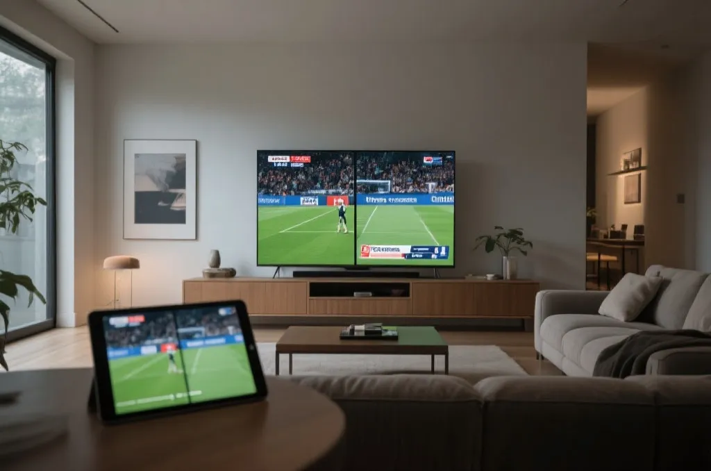 A modern living room with a split screen showing a sports broadcast on a TV and a tablet, demonstrating a slight delay between the two screens, cinematic lighting, realistic style