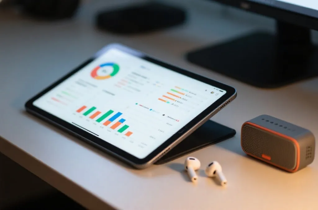 A close-up of a tablet computer on a desk, displaying generic sports analytics charts, with a pair of wireless earbuds and a small portable speaker next to it